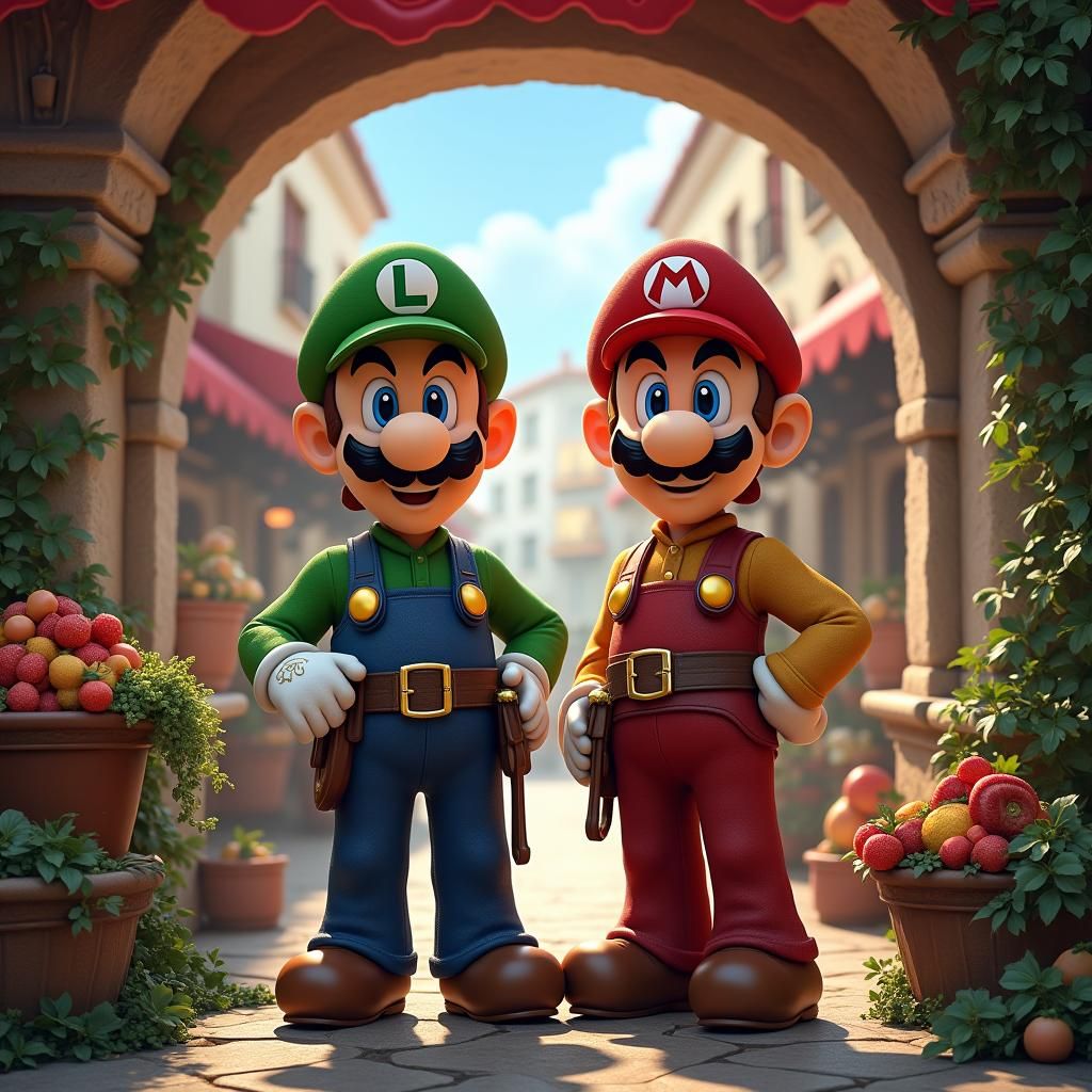 Mario and Luigi in Renaissance-Inspired Marketplace