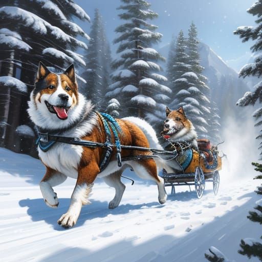 Dogs Pulling Sled Through Snowy Landscape Oil Painting