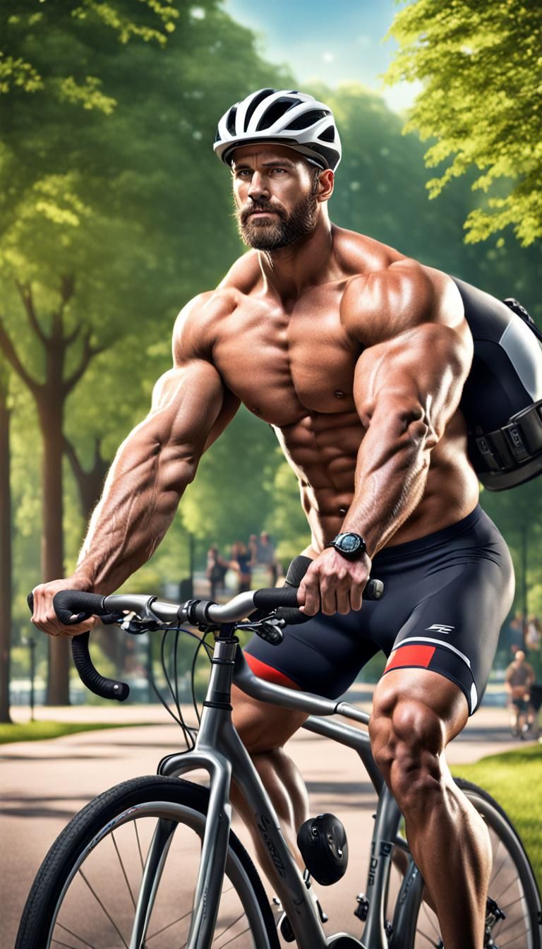 Muscular Man in Cycling Gear in Park