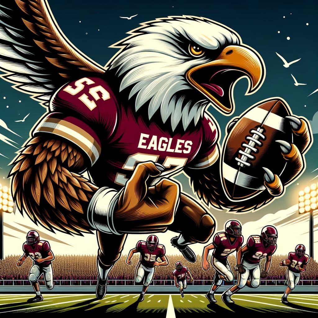 Fierce Eagle Mascot Holding Football in Team Colors