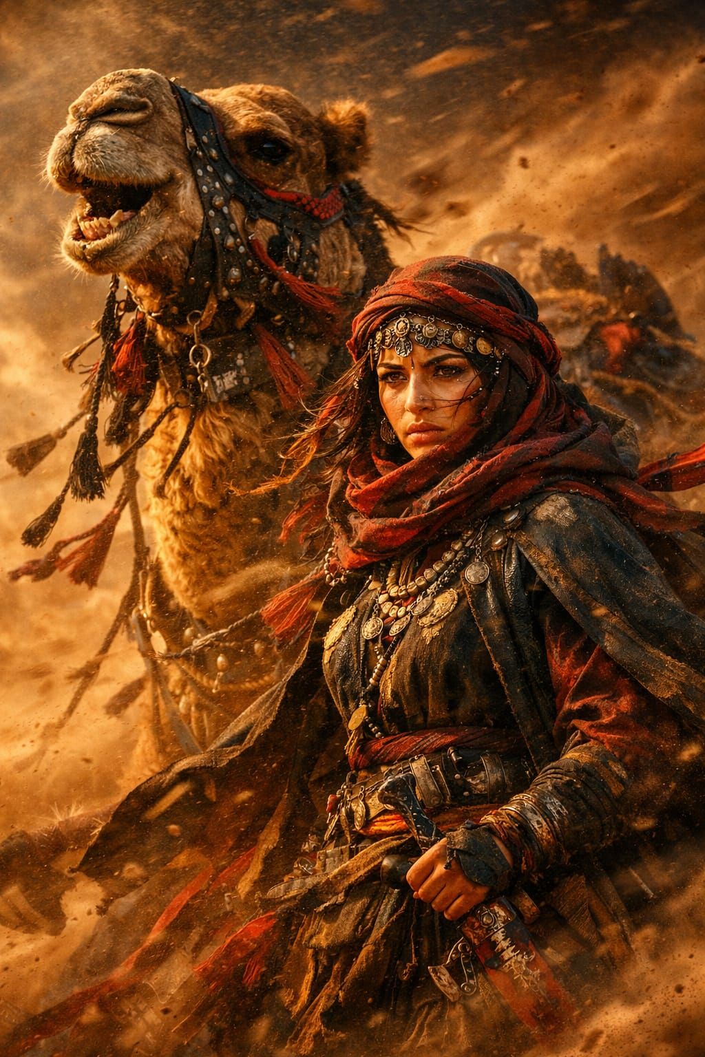 Fierce Bedouin Girl and Camel in Sandstorm