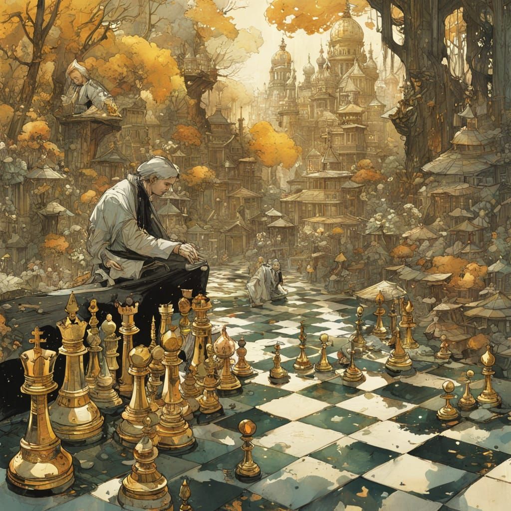 Watercolor Chess Game: King Beats Queen in Hyperdetailed Mas...