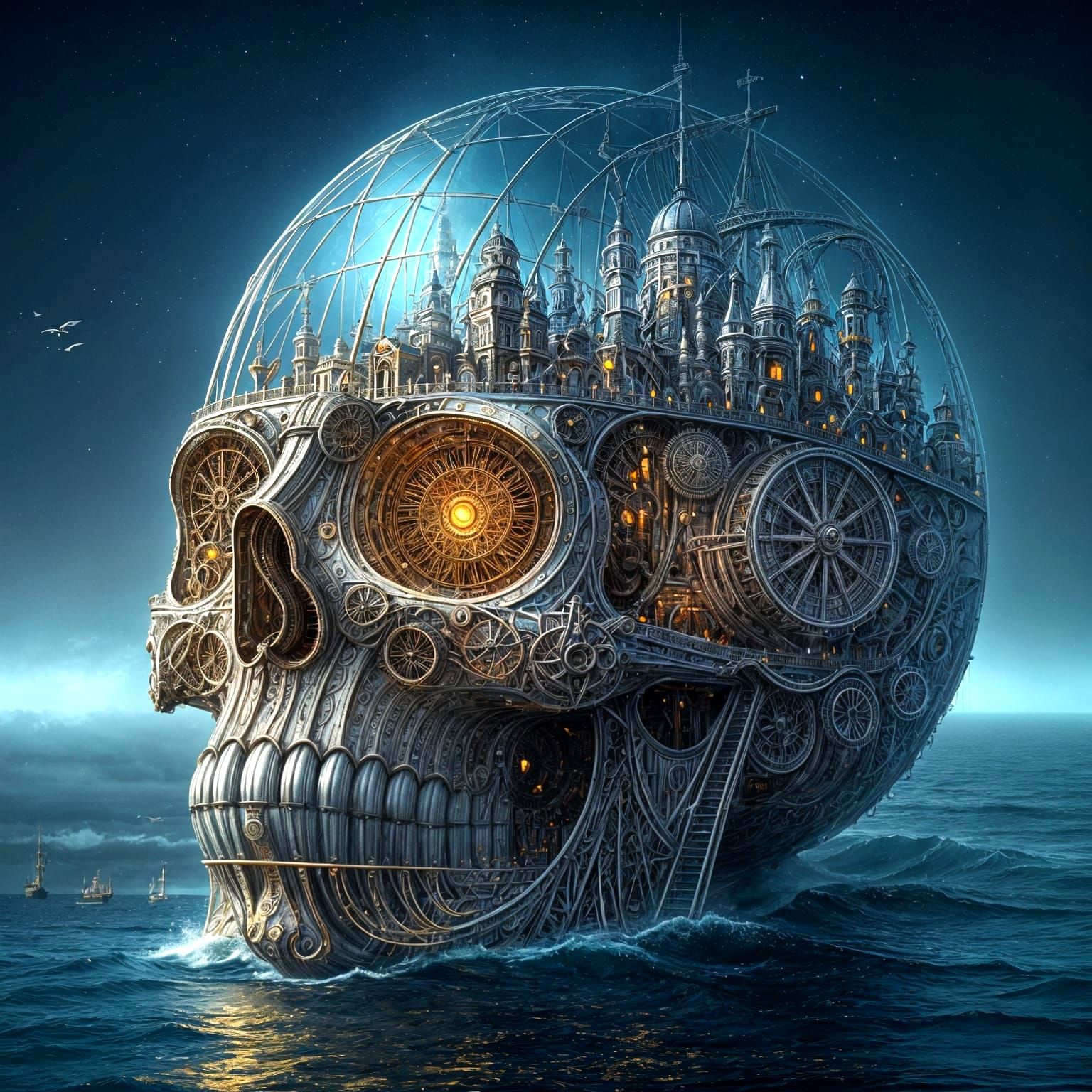 Chromatic Steampunk City Inside a Metal Skull