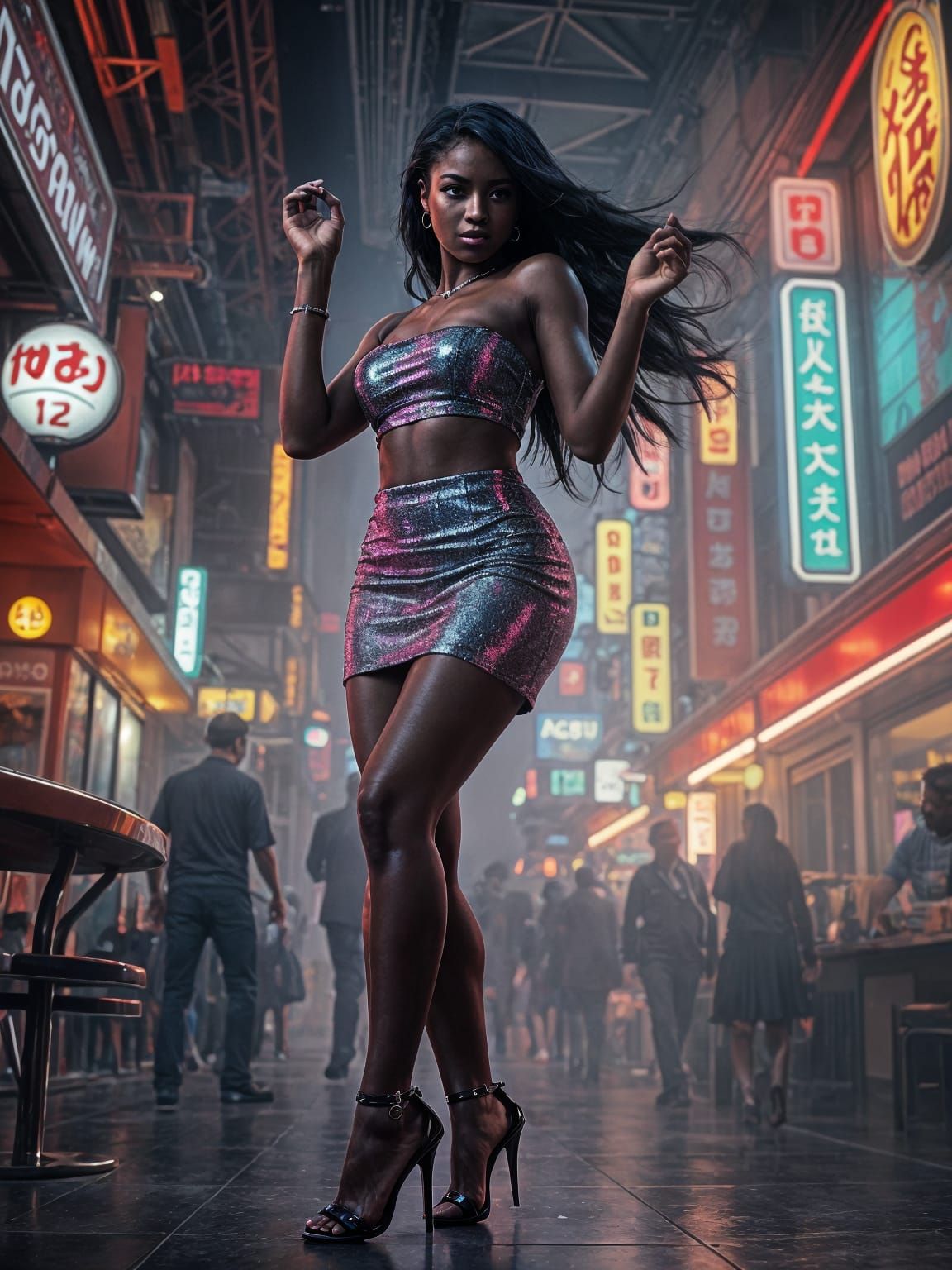 Ebony Dancer in Tokyo Nightclub: Hyperrealistic Cyberpunk St...
