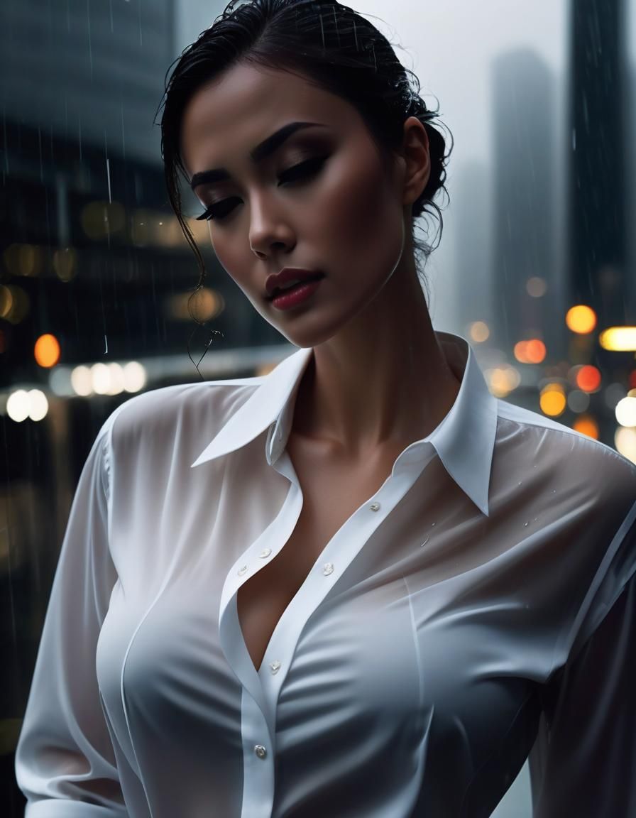 Rainy Night Cityscape with Young Woman