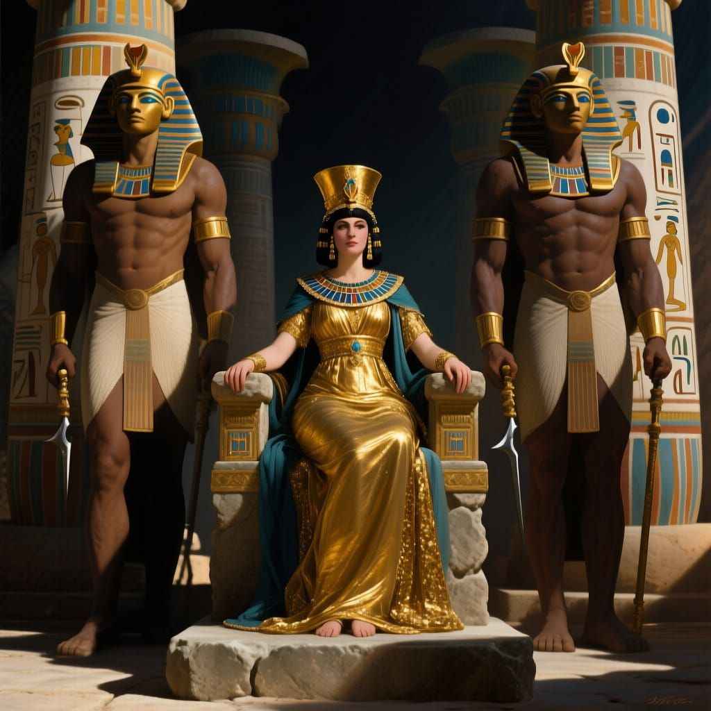 Cleopatra on Throne with Guards in Ancient Egyptian Style