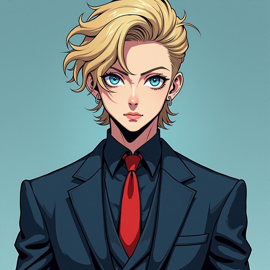 Haute couture fashion magazine shoot spread of the dark blue-headed blue-eyed androgynous Giorno Giovanna from JoJo's Bi...