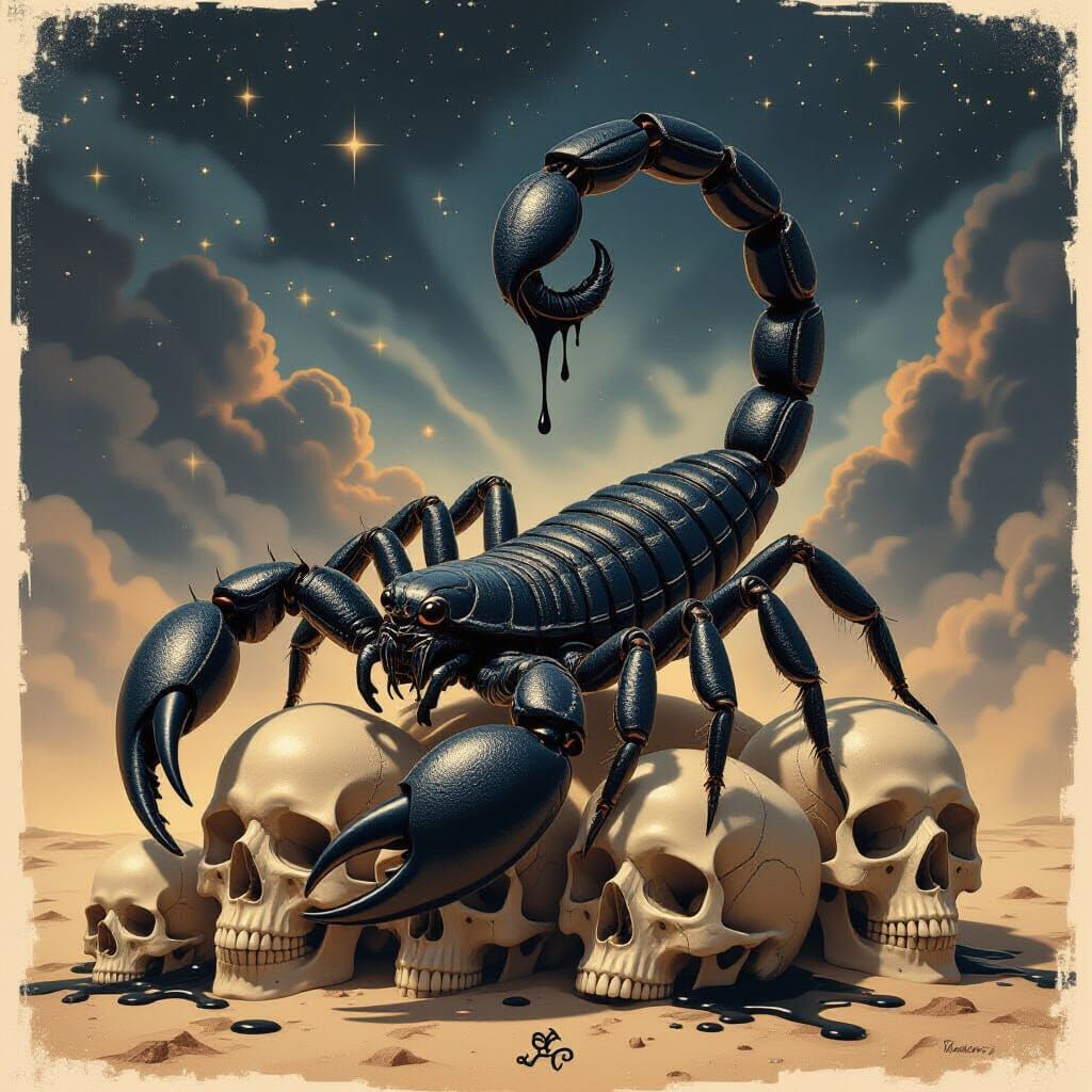 Scorpion on Skulls in Sepia, Black Illustration Style