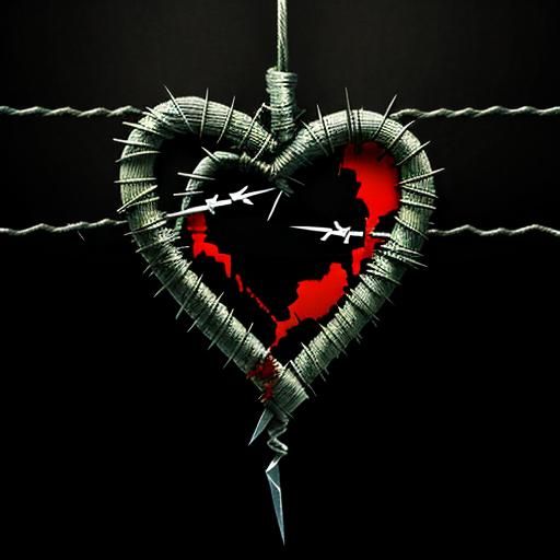 Bleeding heart wrapped in barbed wire knives