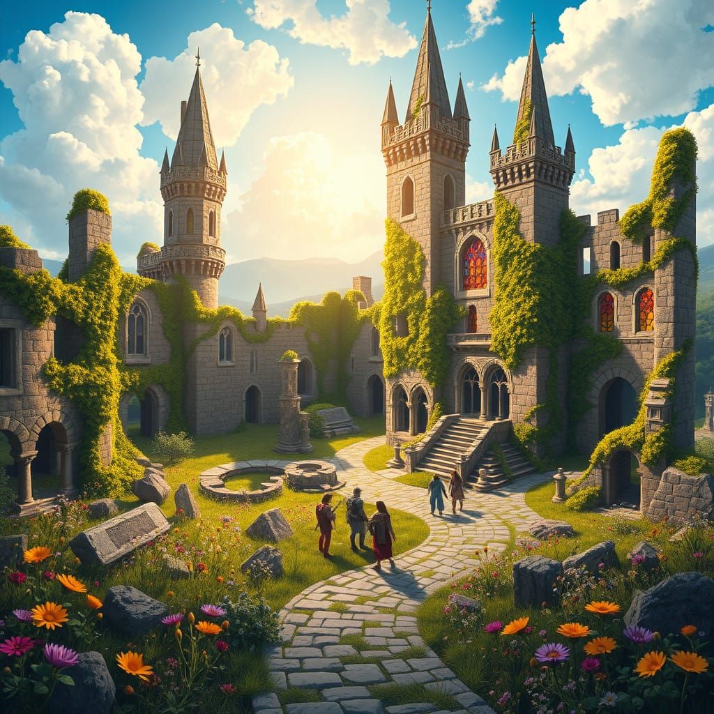 Vibrant Fantasy Realm with Ancient Castle
