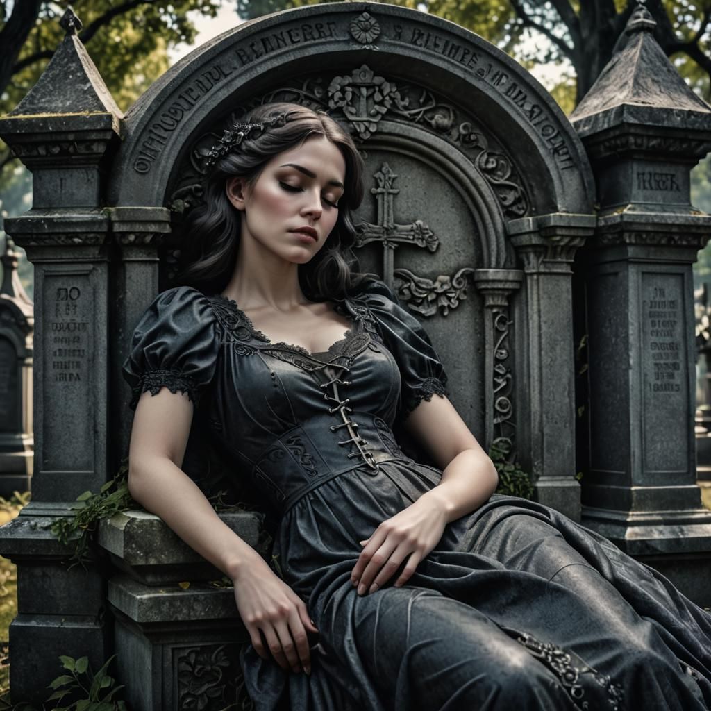 Woman Sleeping in Gothic Cemetery, Hyperrealistic Style