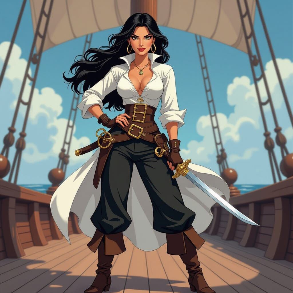 Female Pirate Aboard Ship in Don Bluth Animation Style