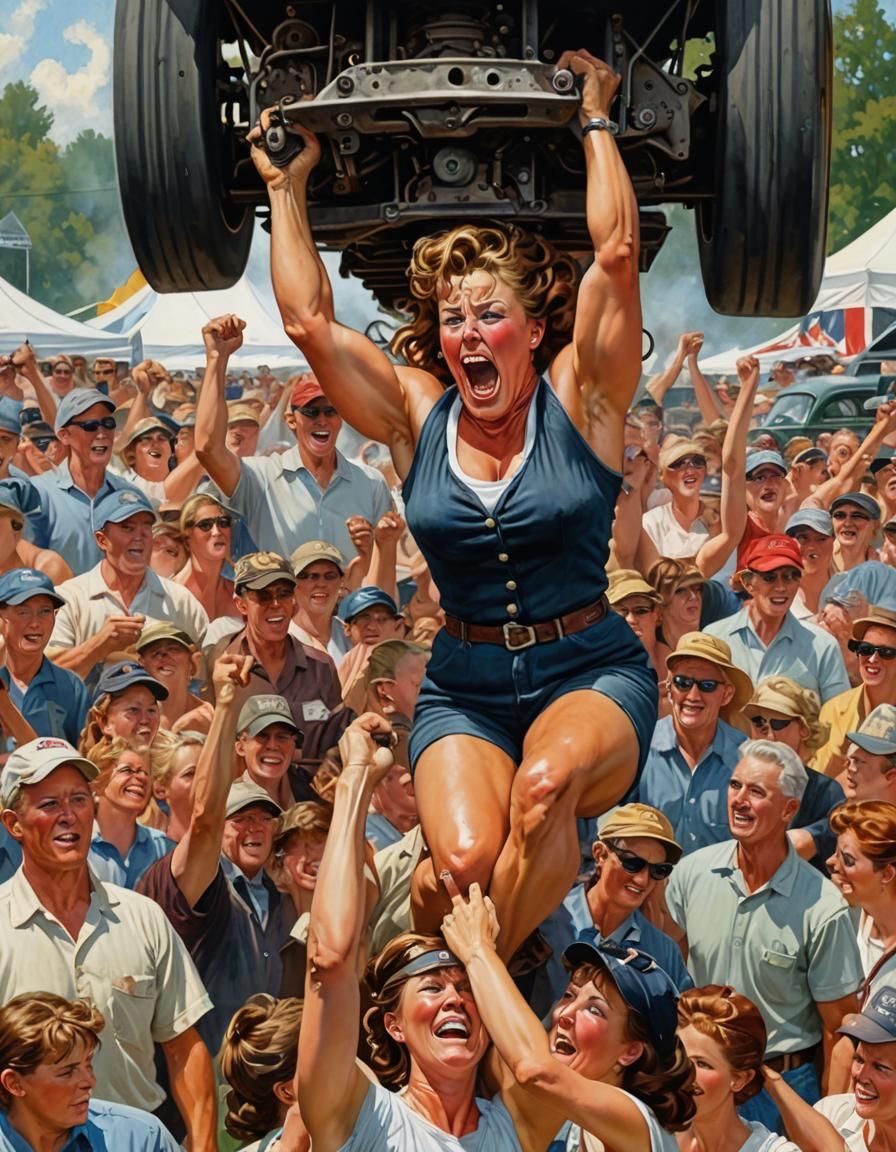 Strong Woman Lifts Car Axel, Rockwell Style