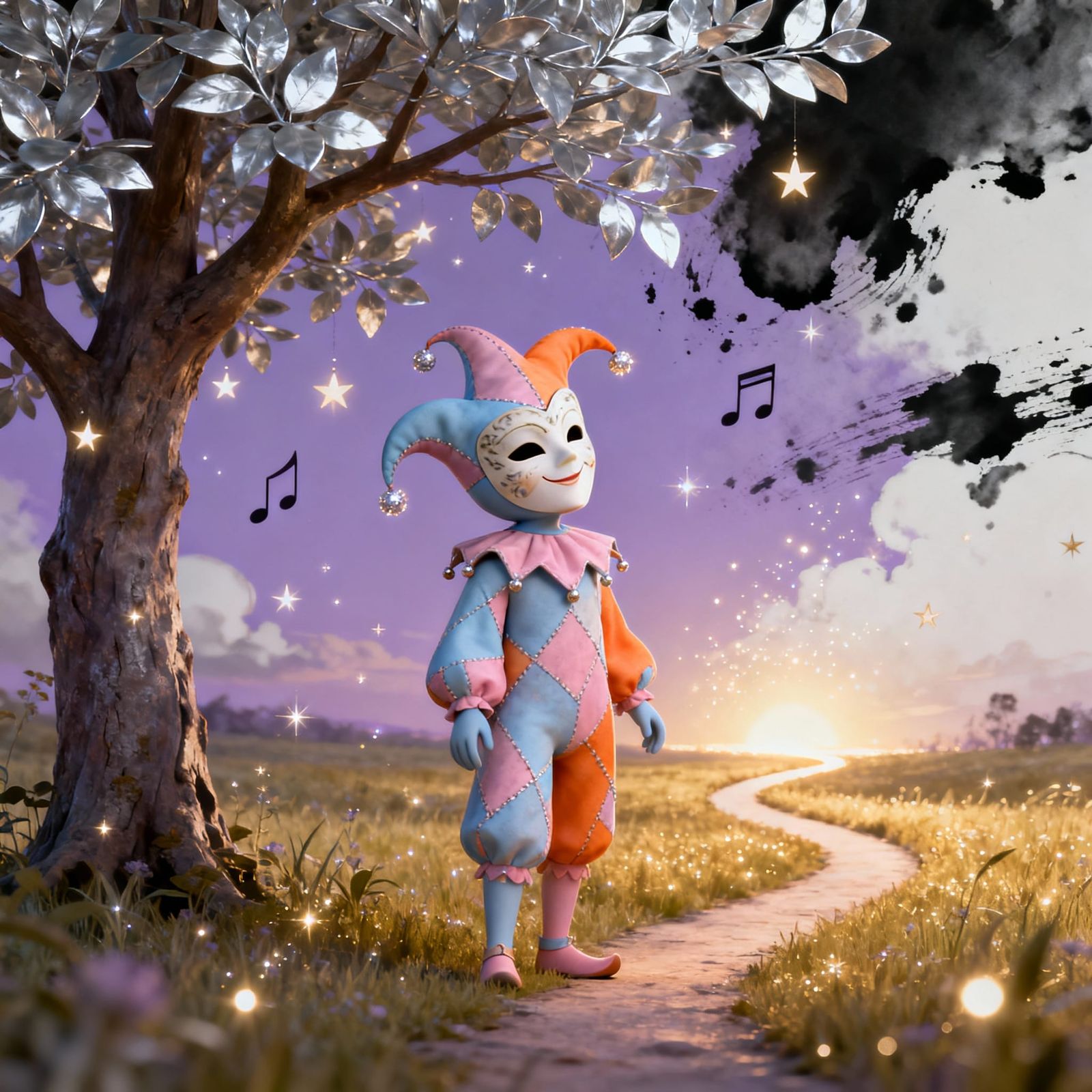 Whimsical Harlequin in Twilight Meadow, 3D Textured Art