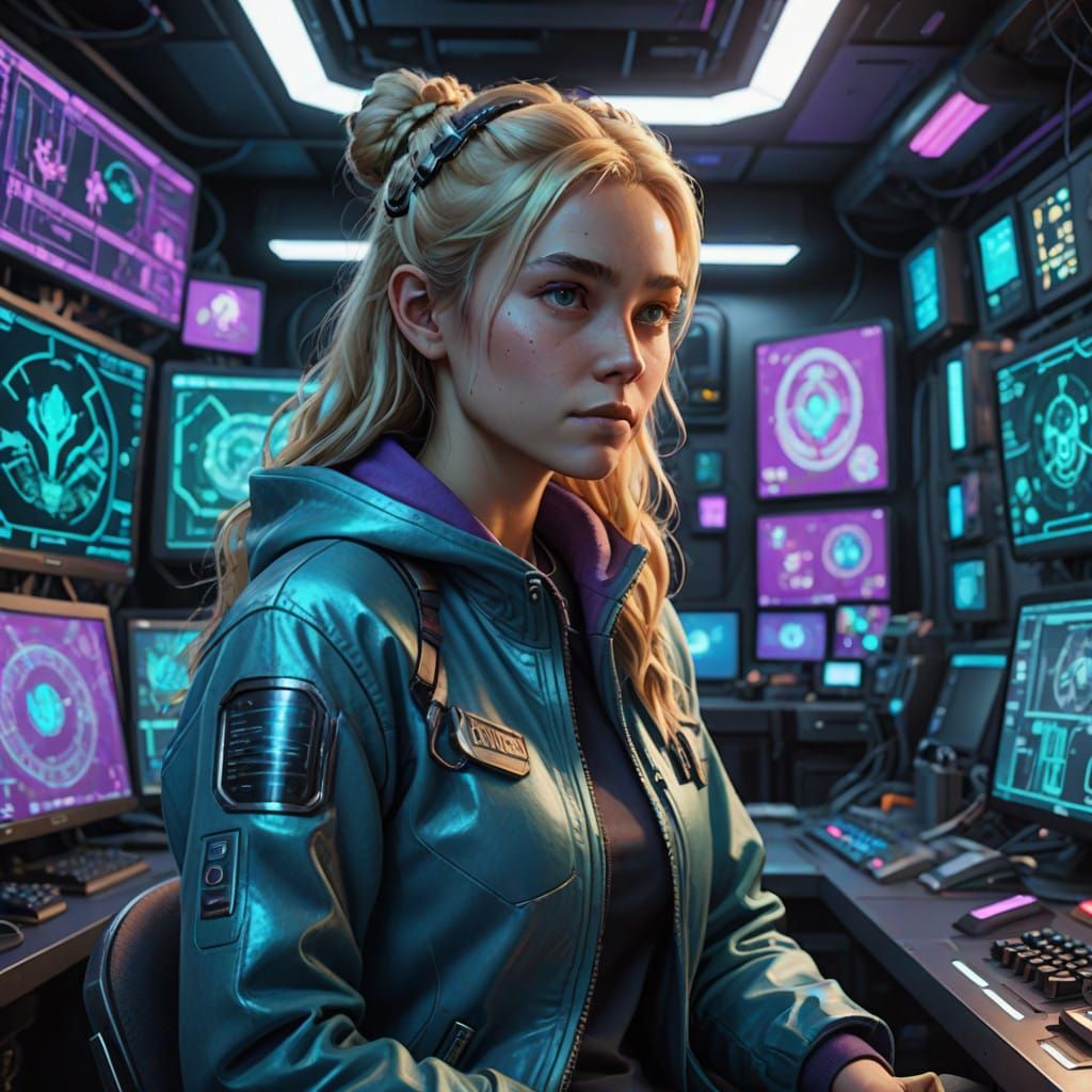 Cyberpunk Woman in High-Tech Command Center