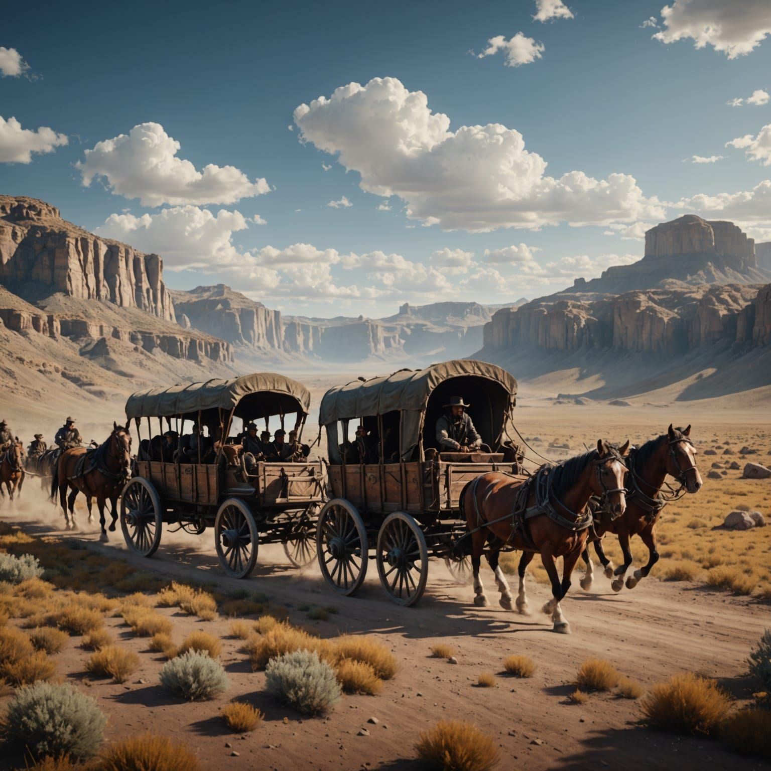 Fantastical Wagon Train Crosses the Plains in Detailed Matte...
