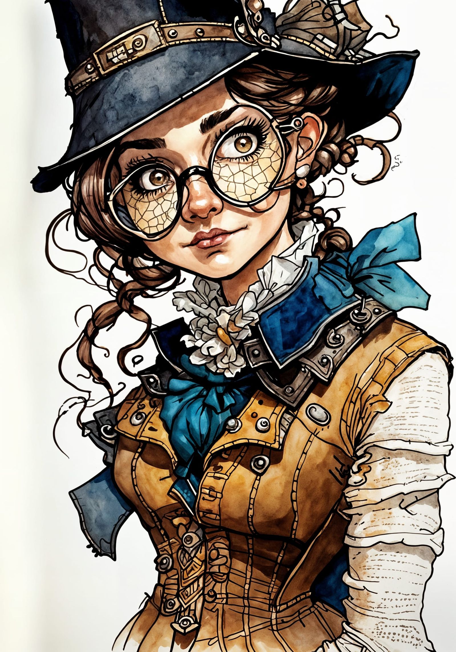 Watercolor Portrait of English Girl with Pince-nez