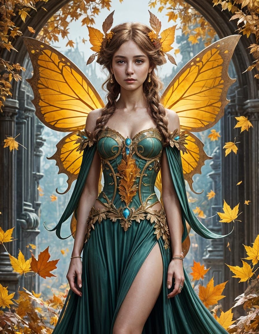 Art Nouveau Autumn Fairy with Amber Wings