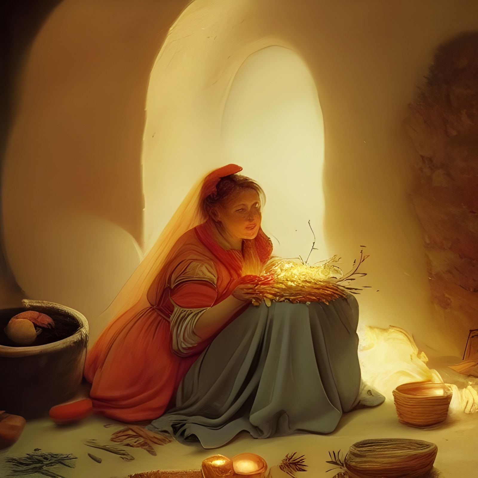 Radiant Maiden Witch Drying Herbs: Baroque Oil Painting