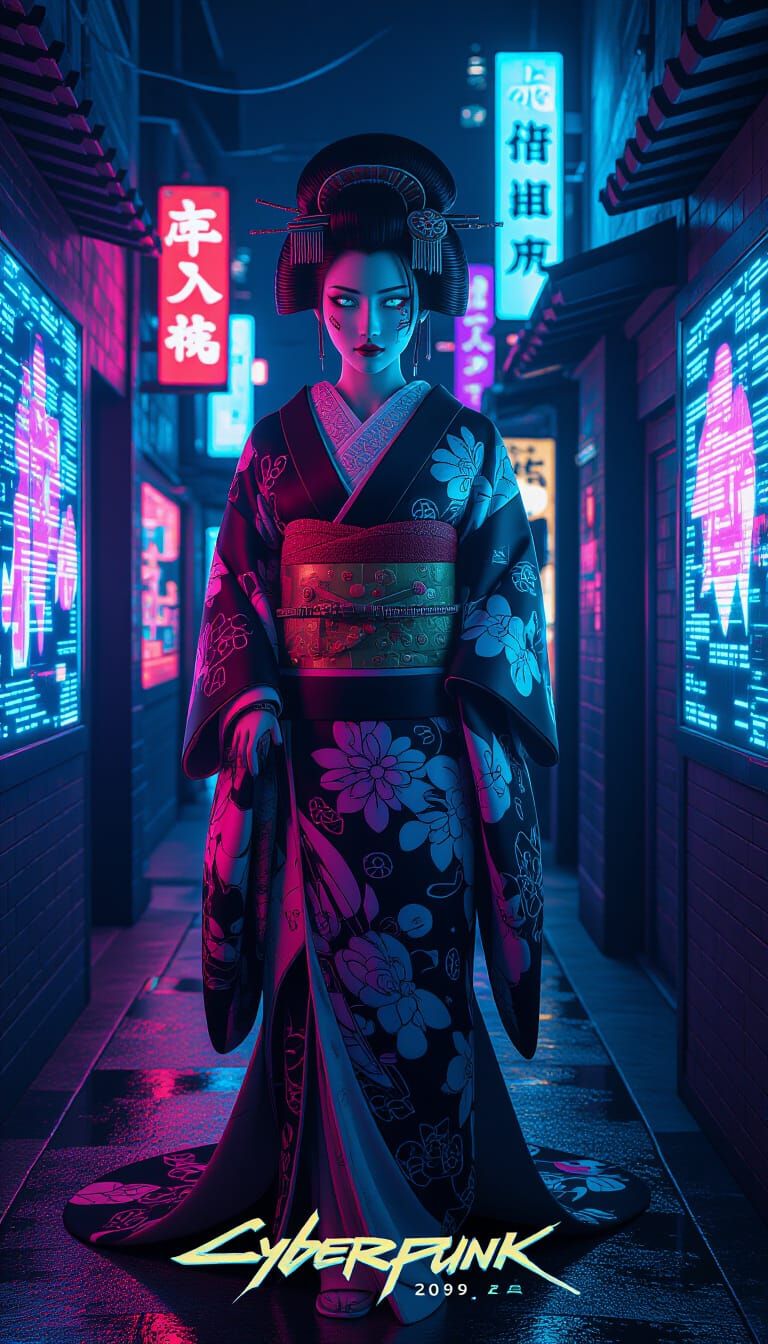 Cybernetic Geisha in Neon Alleyway: 3D Anime Art
