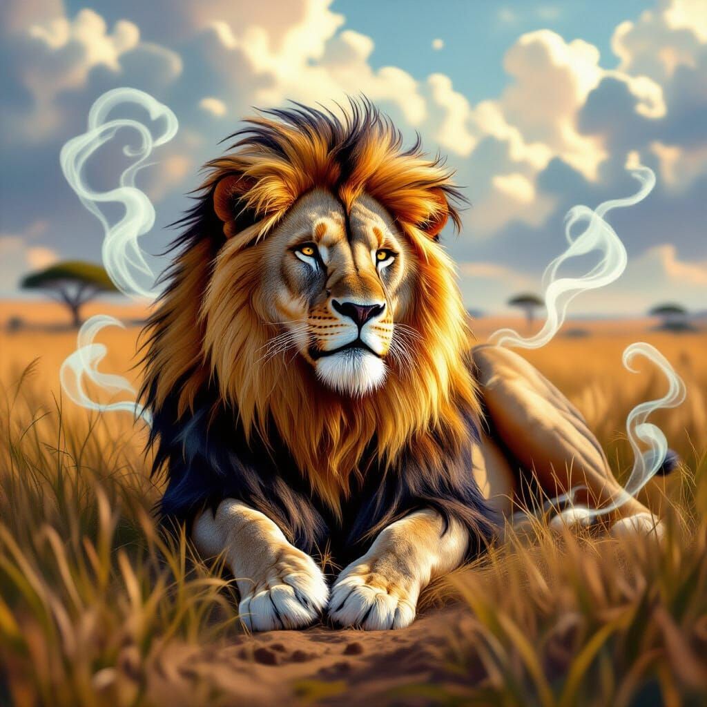 Majestic Lion in a Dreamlike Savannah Landscape