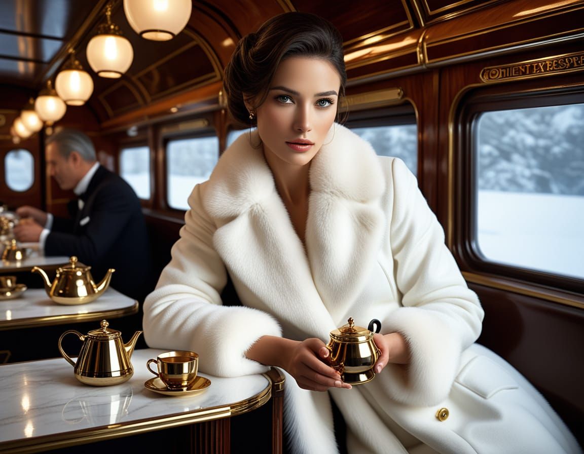Art Deco Train Salon Interior with Butler and Lady in Snow