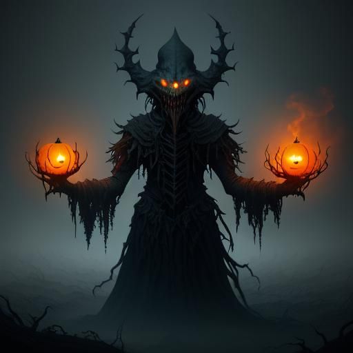 Eerie Pumpkin Wisp in Misty Dark Fantasy Art