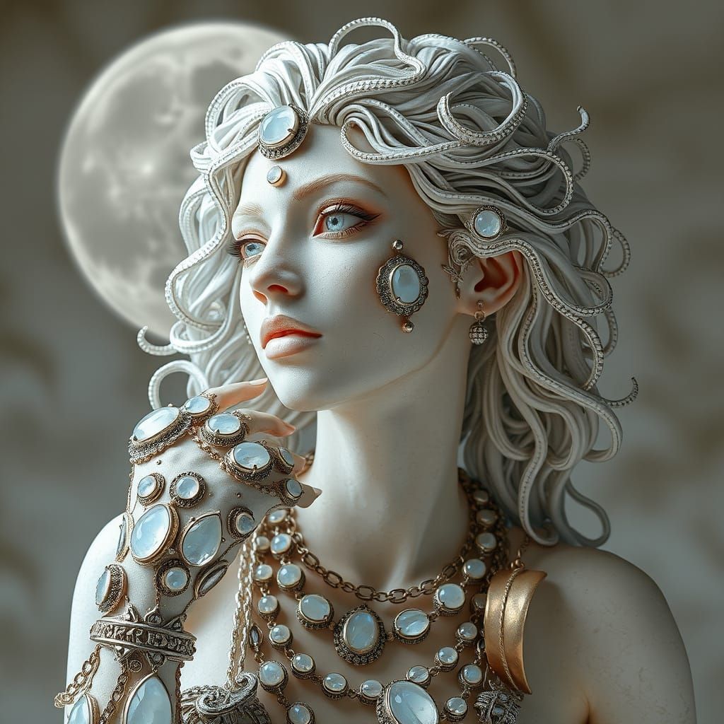 Luminous Moonstone Woman: A Surreal Silver Sculpture