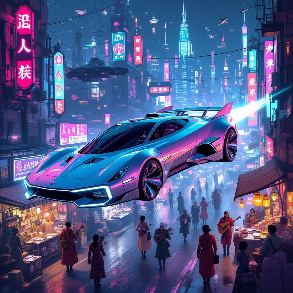 Flying Car Soars Over Neon Metropolis
