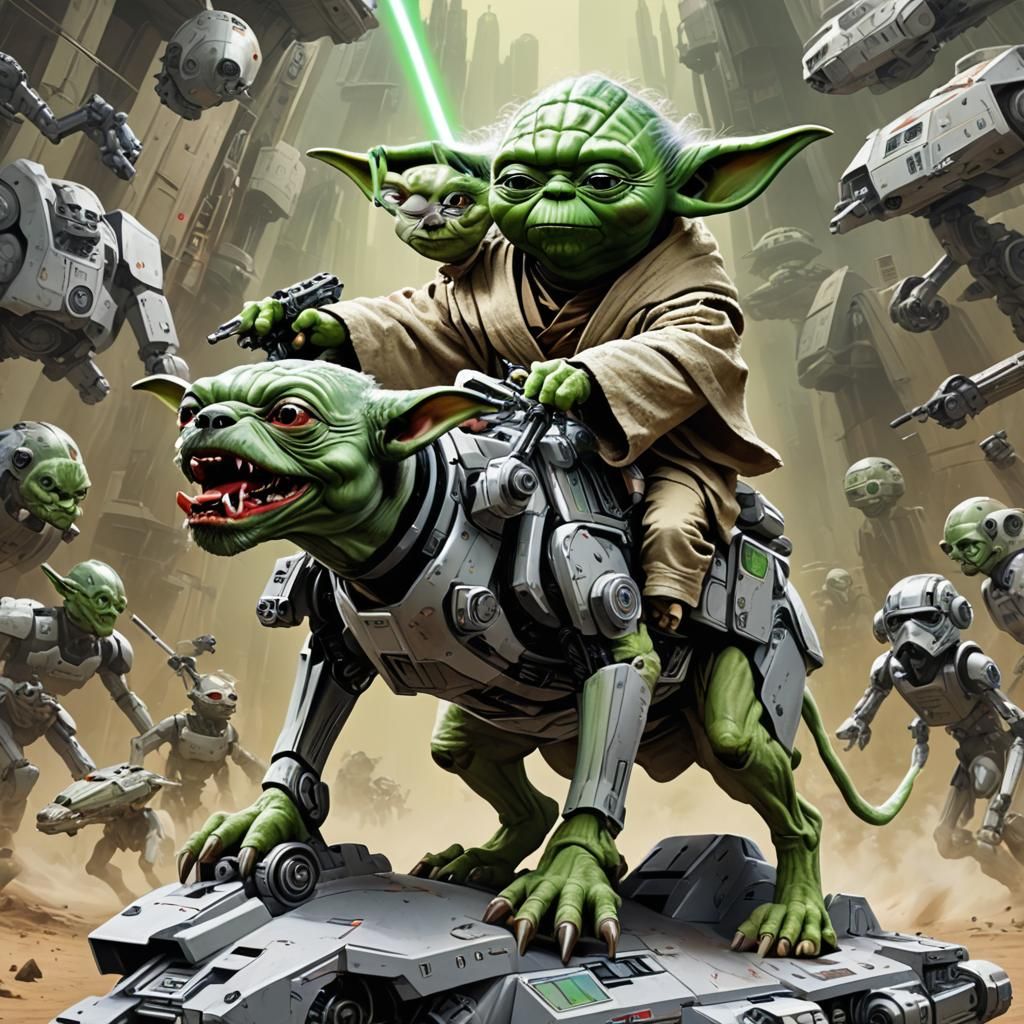 Yoda Rides a Cyborg Dog in Cyberpunk Style