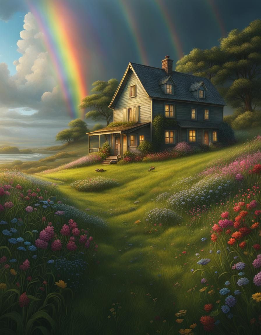 Farmhouse Scene with Frog, Flowers, and Rainbow