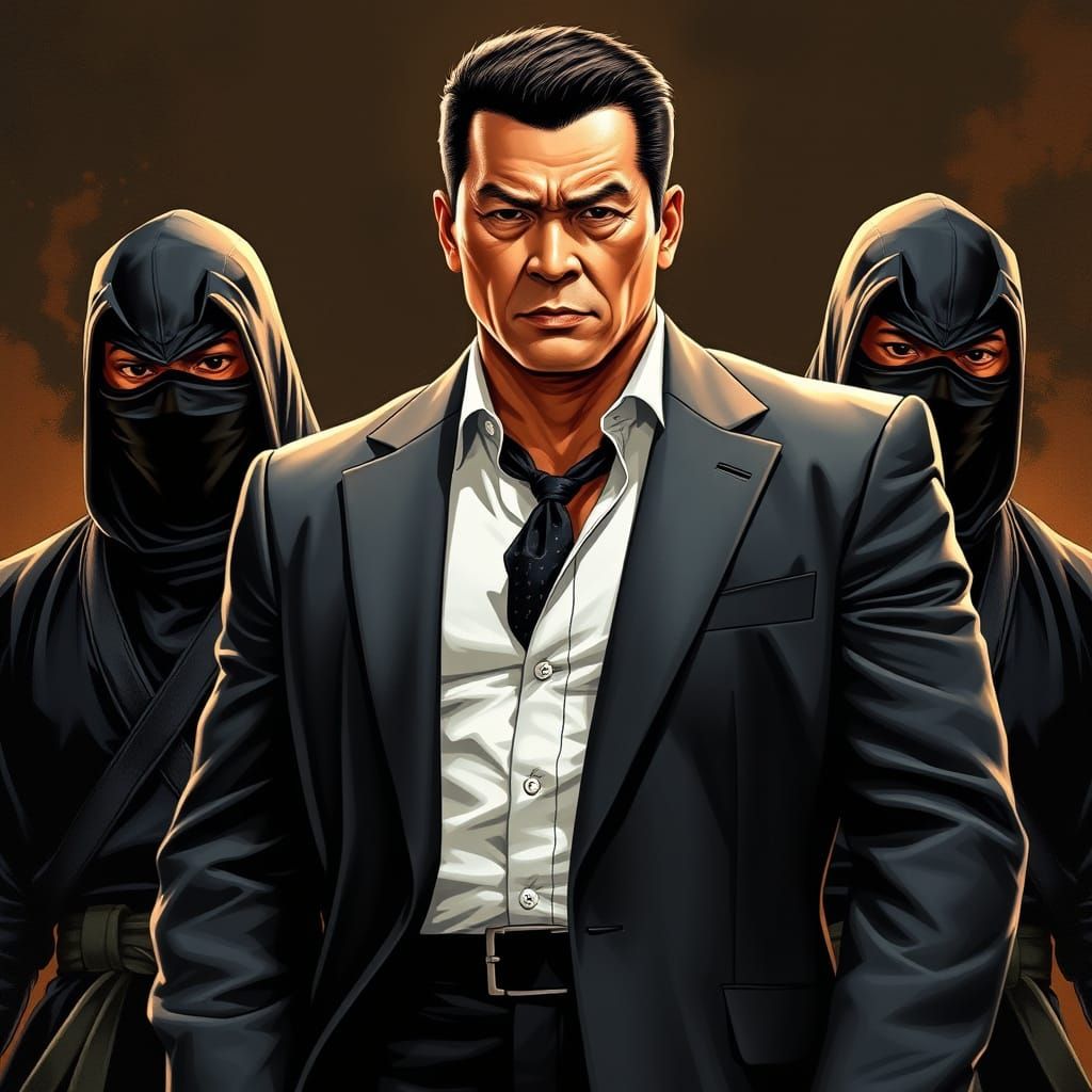 Dominant Figure in a Suit, Flanked by Stealthy Ninja Guards