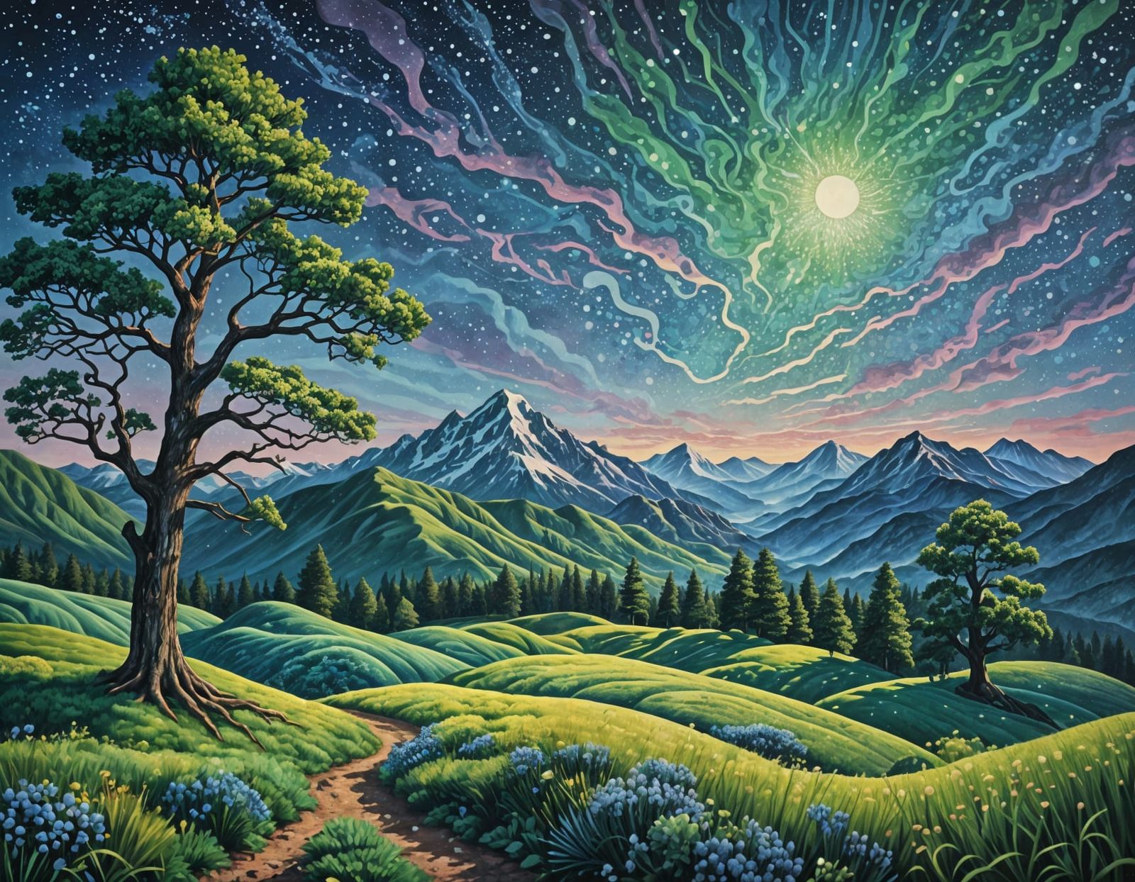 Minimalist Mountain Landscape in Pointillist Style