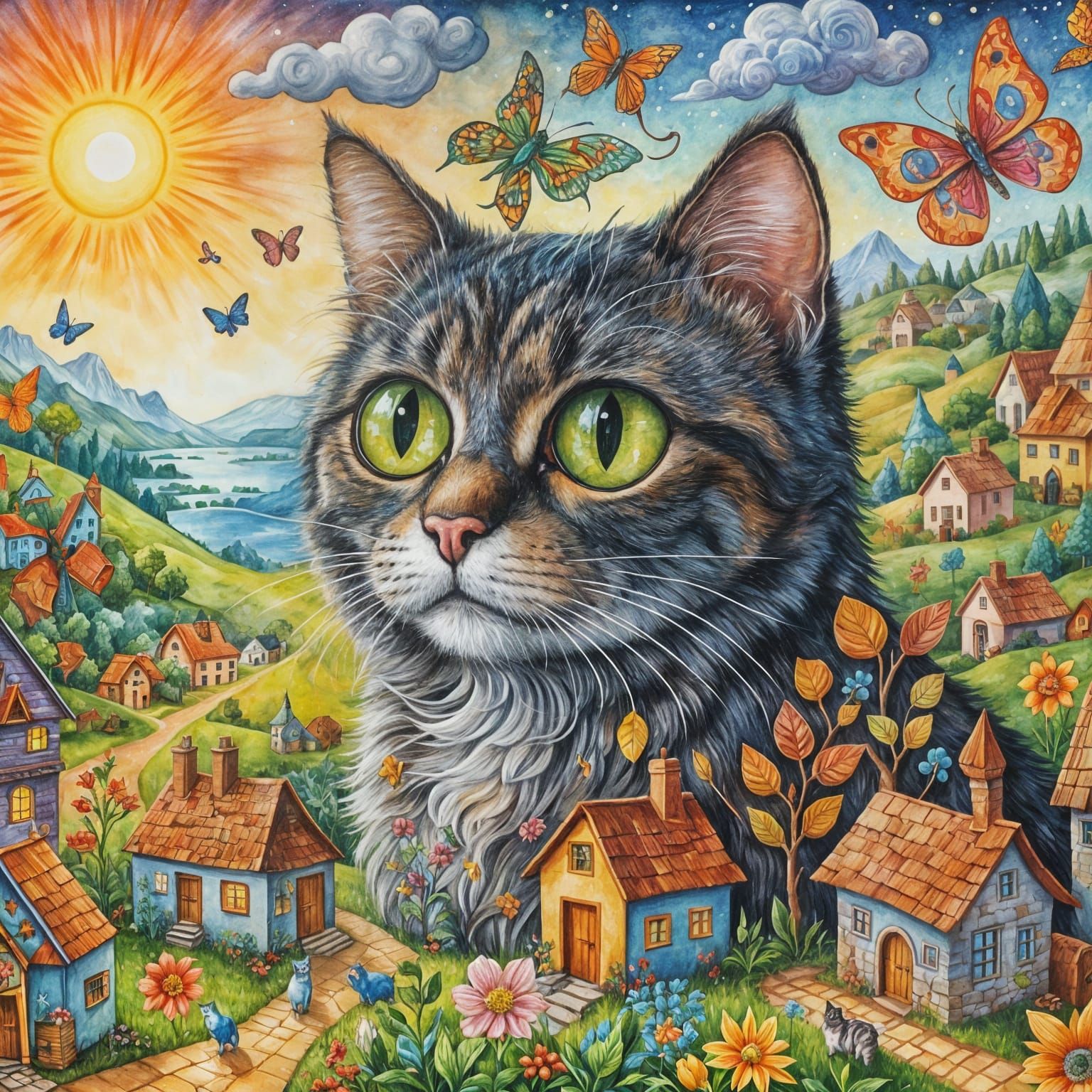 Surreal Cat Portrait in Naive Art Style