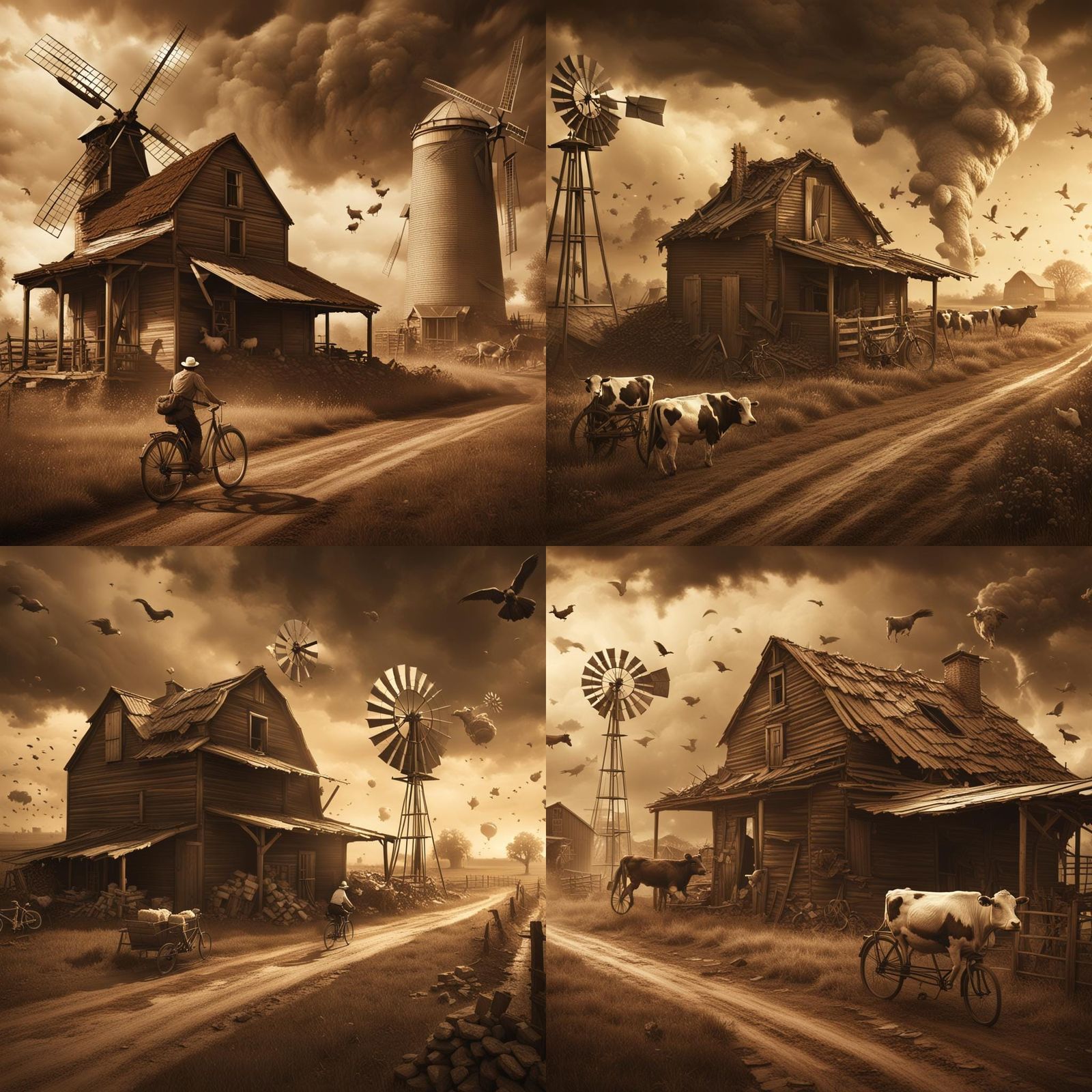 Tornado Devastation on a Sepia-Toned Farm