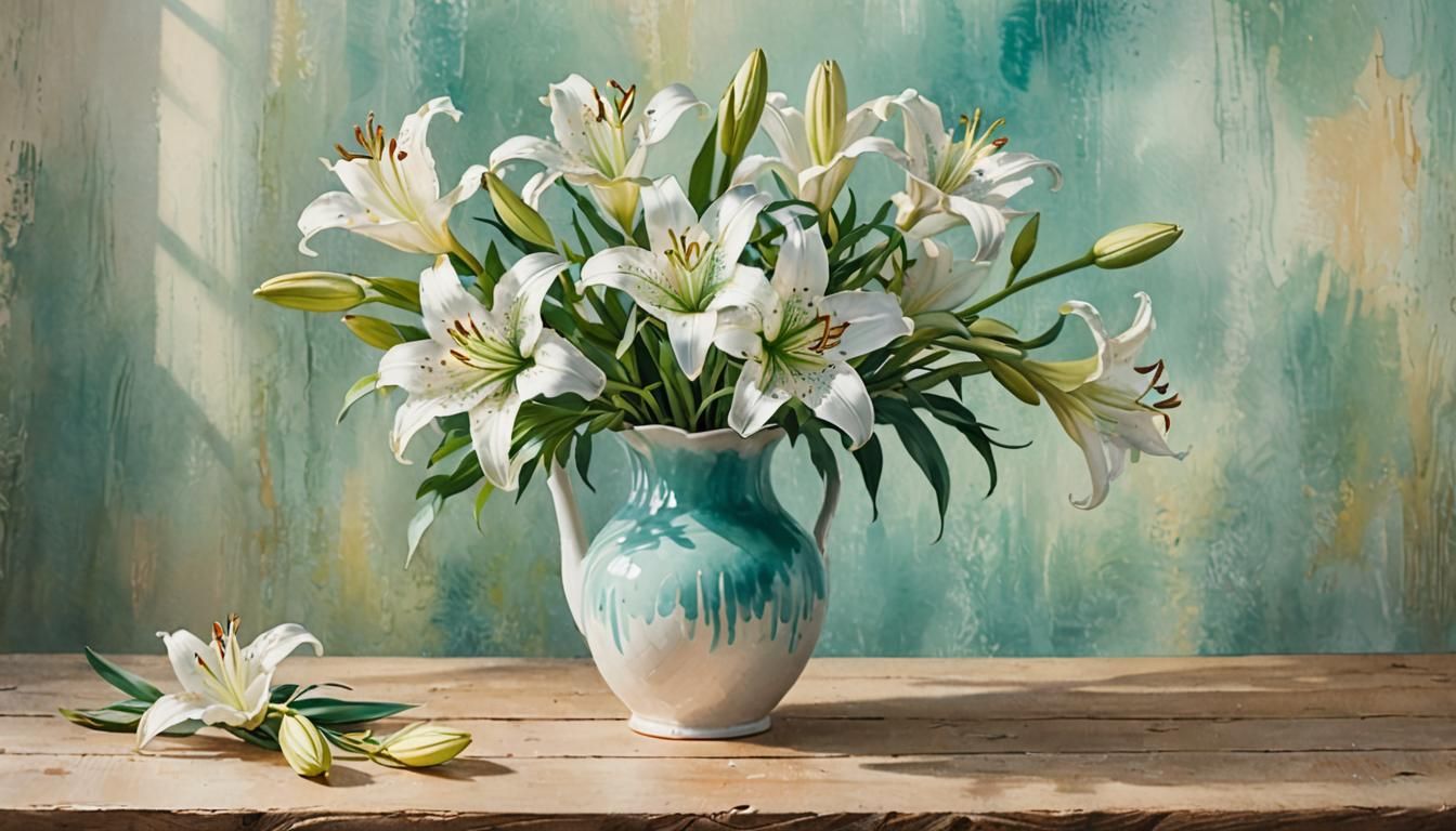 Teal Lily Flowers in Impressionist Watercolor