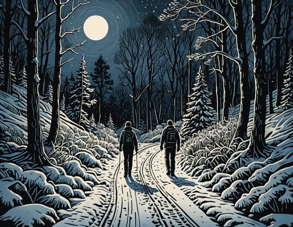 Linocut Illustration: Forest Trail in Snow at Night