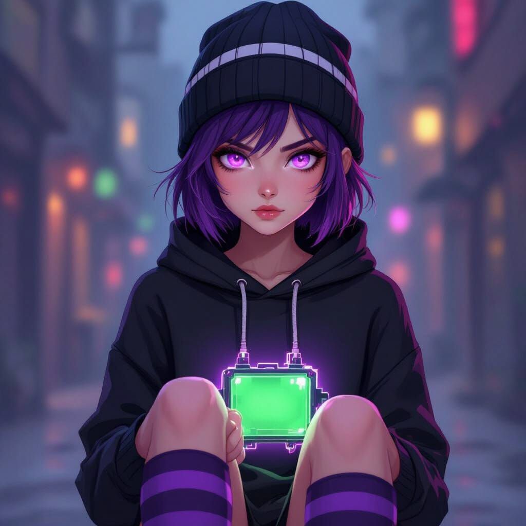 Teen Girl with Neon Eyes and Edgy Style