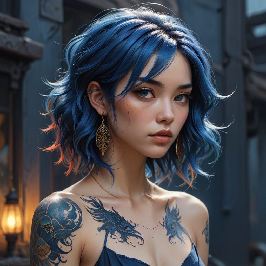East Asian Woman with Electric Blue Hair and Dragon Tattoo i...