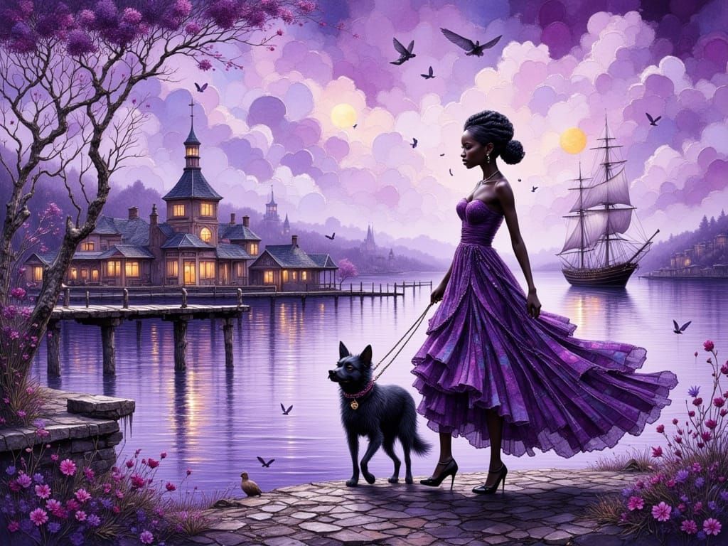 Elegant Woman Walking Dog in Impasto Zentangle Cityscape