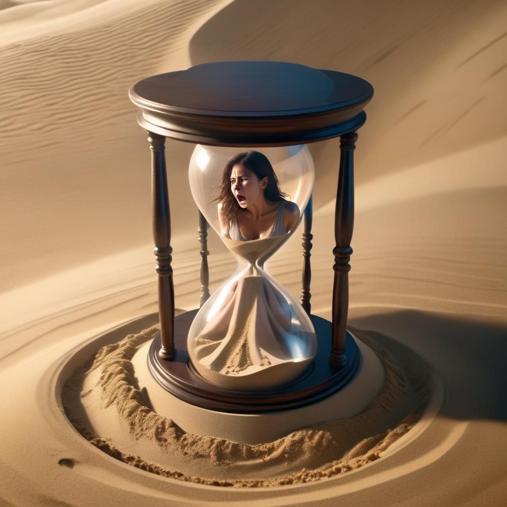Scared Woman Trapped in Hourglass: Photorealistic 3D Render