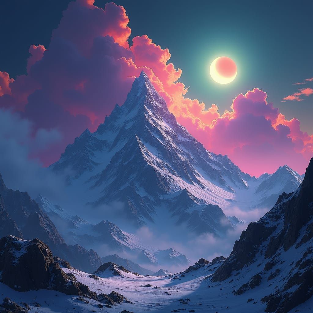 Cosmic Lunar Eclipse Over Snow Mountains