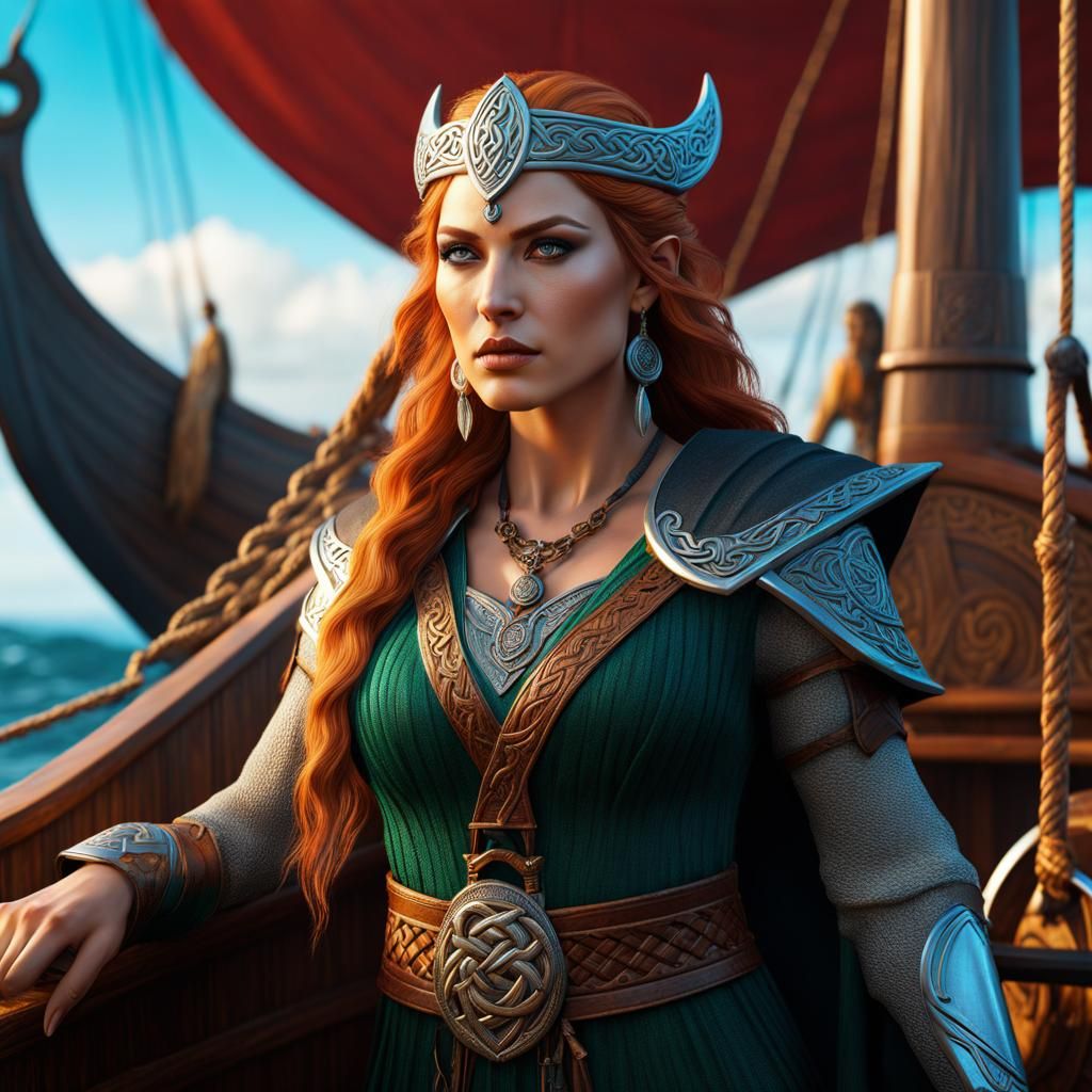 Celtic Sorceress on Viking Longship: Hyperrealistic Photo