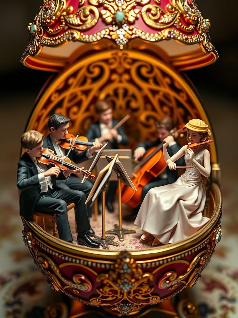 Miniature Orchestra Inside a Bejeweled Faberge Egg