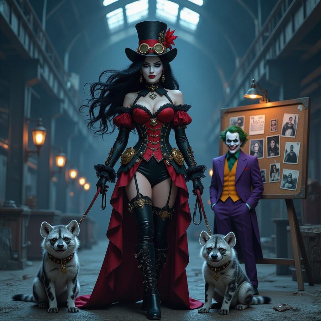 Steampunk Harley Quinn with Joker and Hyenas