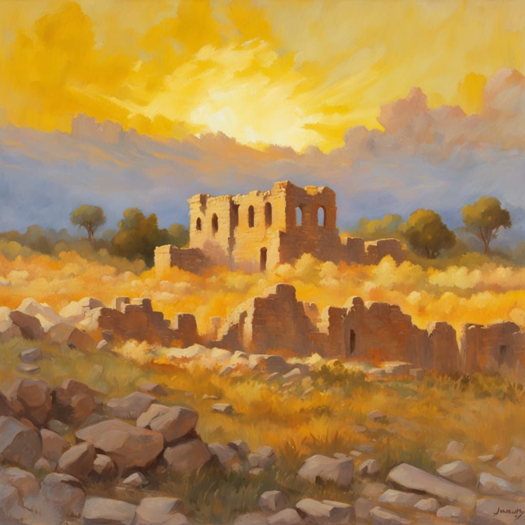 Golden Sun Illuminates Ancient Ruins in Impressionist Style