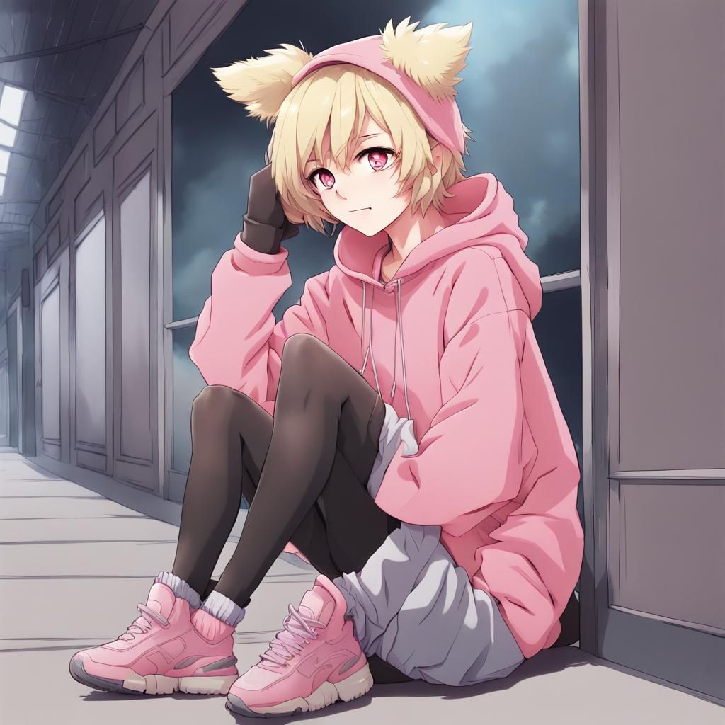 Anime Style Fem-Boy with Dog Ears and Pink Hoodie