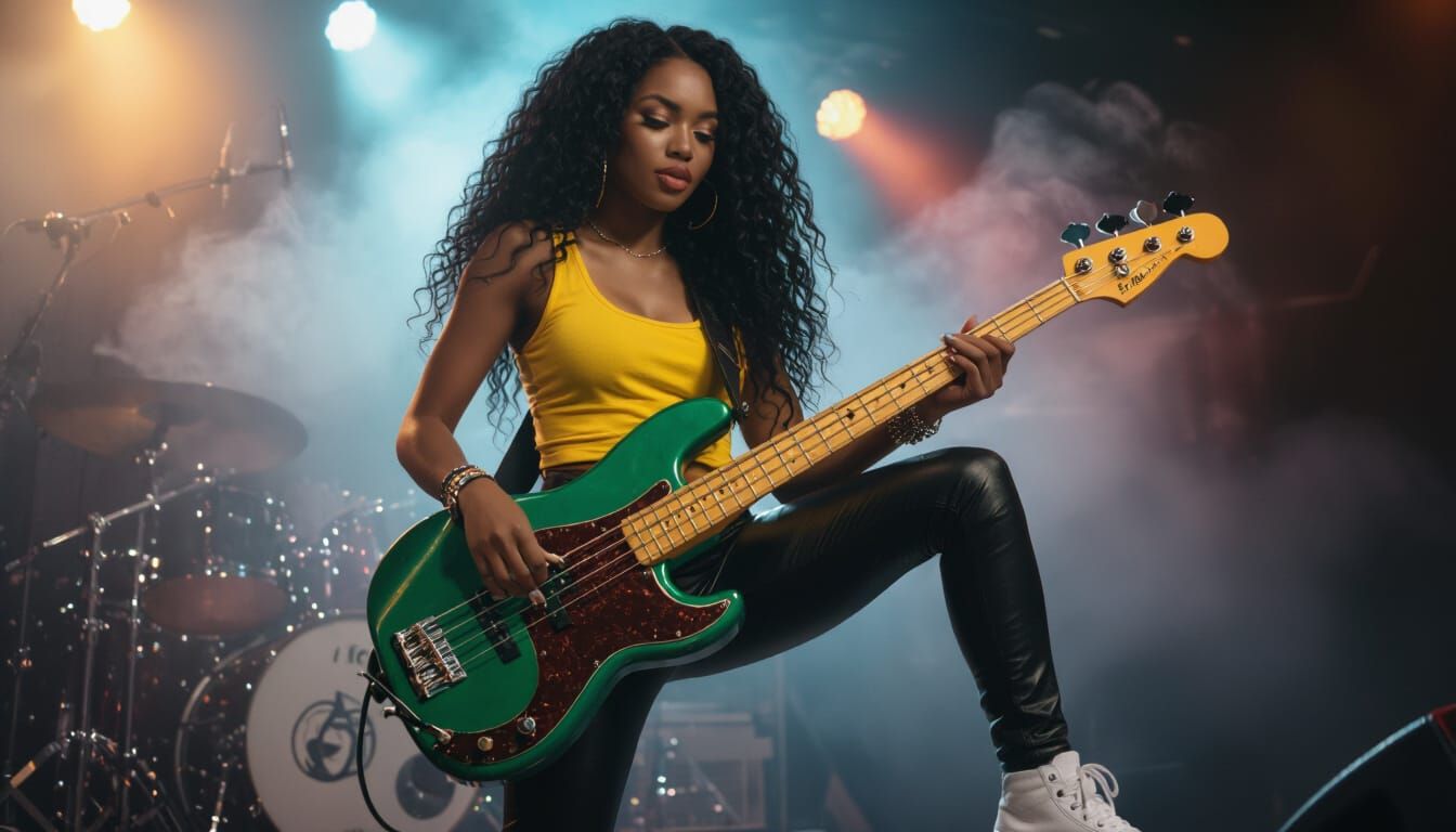 Rocker Girl on Stage with Electric Bass