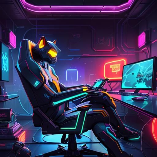 Concept art. Medium close up shot. Cat in gaming chair, play...