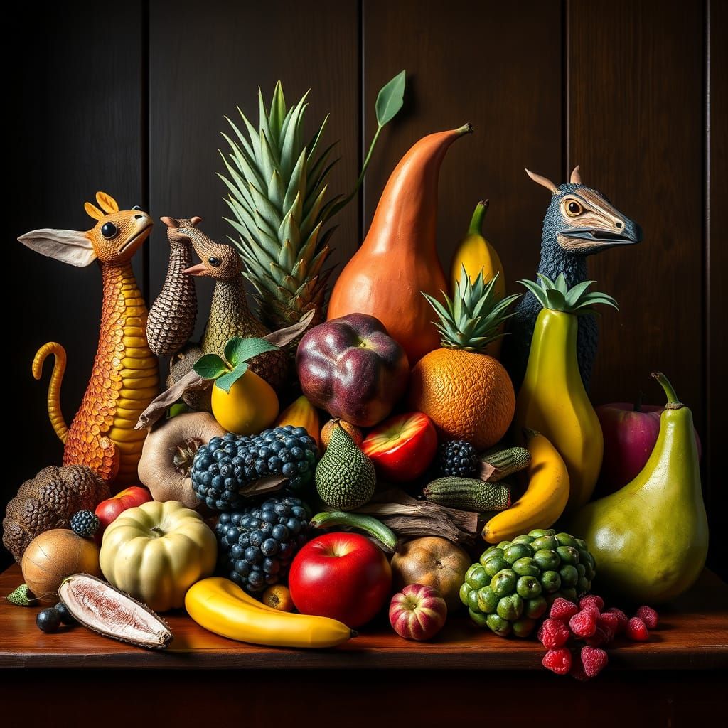 Vibrant Fruits as Whimsical Animals in Dark Wood